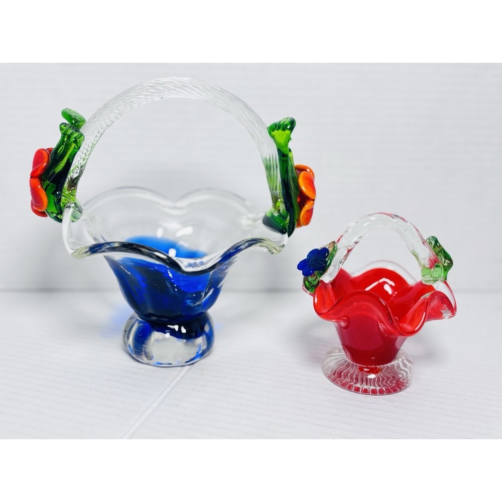 Vintage Murano Style Art Glass Basket Set Blue Red Pedestal Bowls Floral Handles